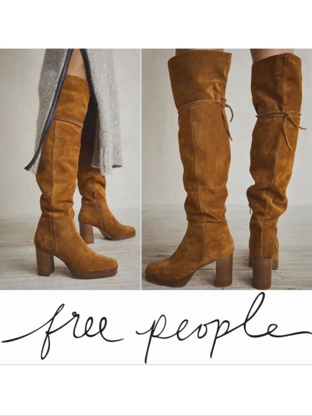 FREE PEOPLE Echo Platform Over the Knee OTK BOOTS Size 8.5 Tan Suede NEW $298